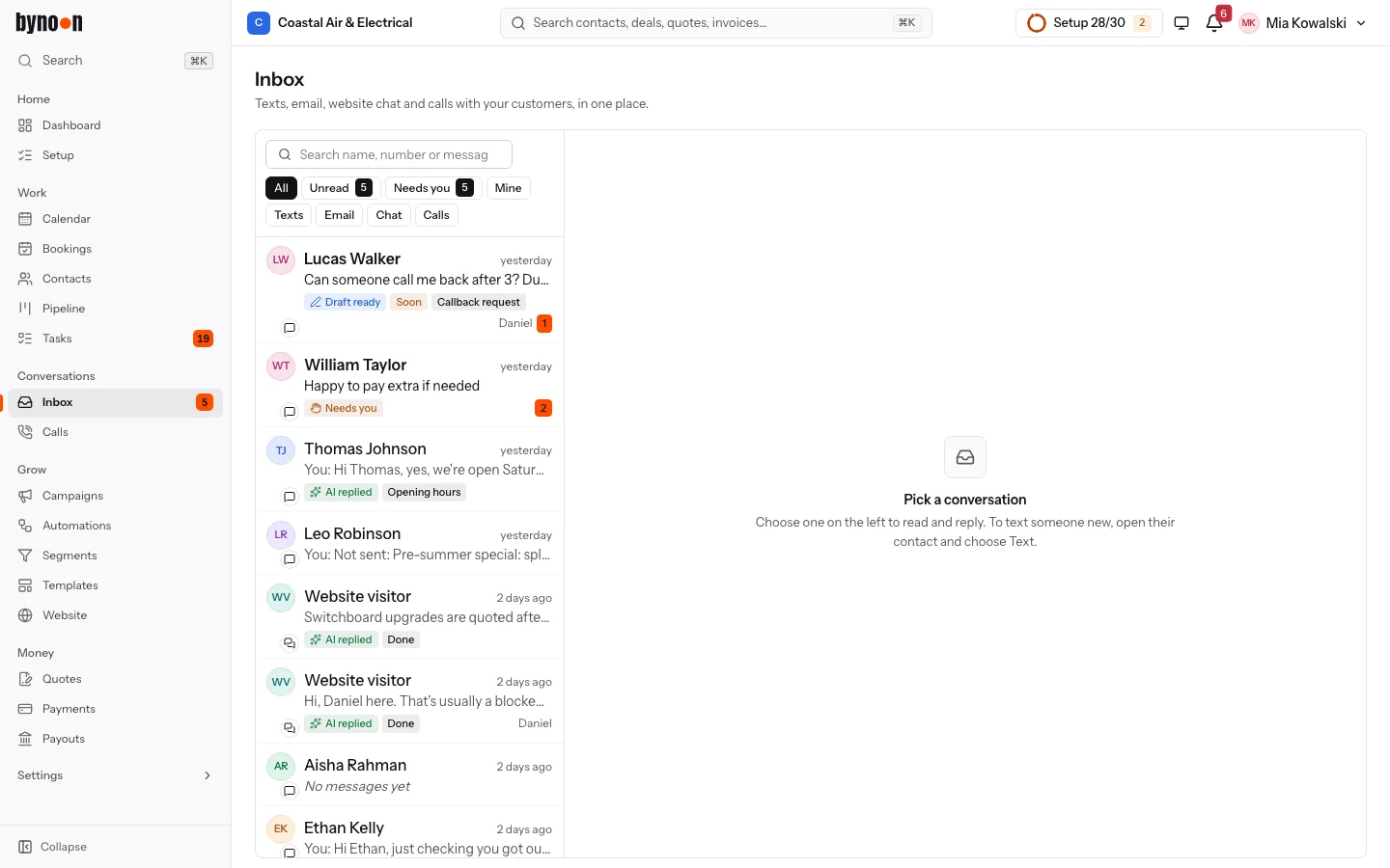 The bynoon CRM inbox: texts, email, chat and calls together, with AI-drafted replies